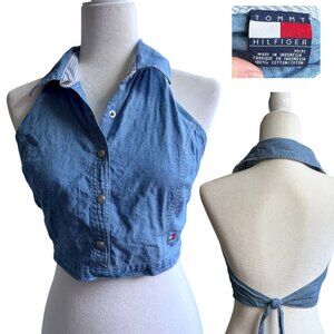 Y2K Tommy Hilfiger blue denim halter crop top  tie back Medium logo